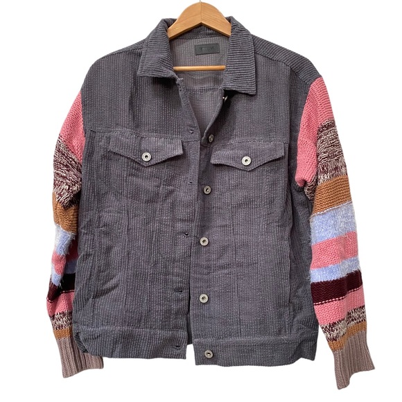 Umgee Jackets & Blazers - umgee Gray Pink Blue Corduroy Jacket Knit Sweater Sleeves Striped size M - NWOT